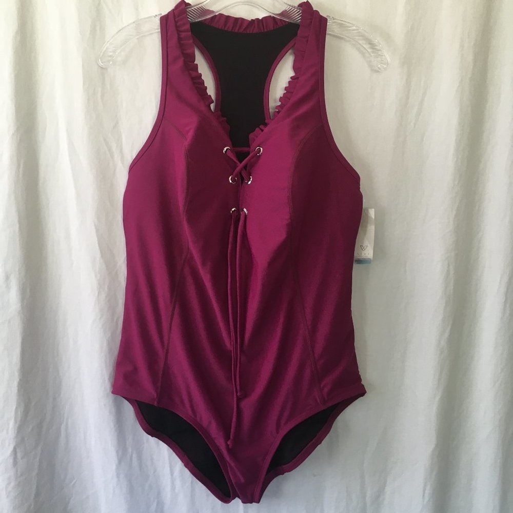 NWT LIVI Active Fuchsia Ruffled One Piece Sz 12 Lane Bryant